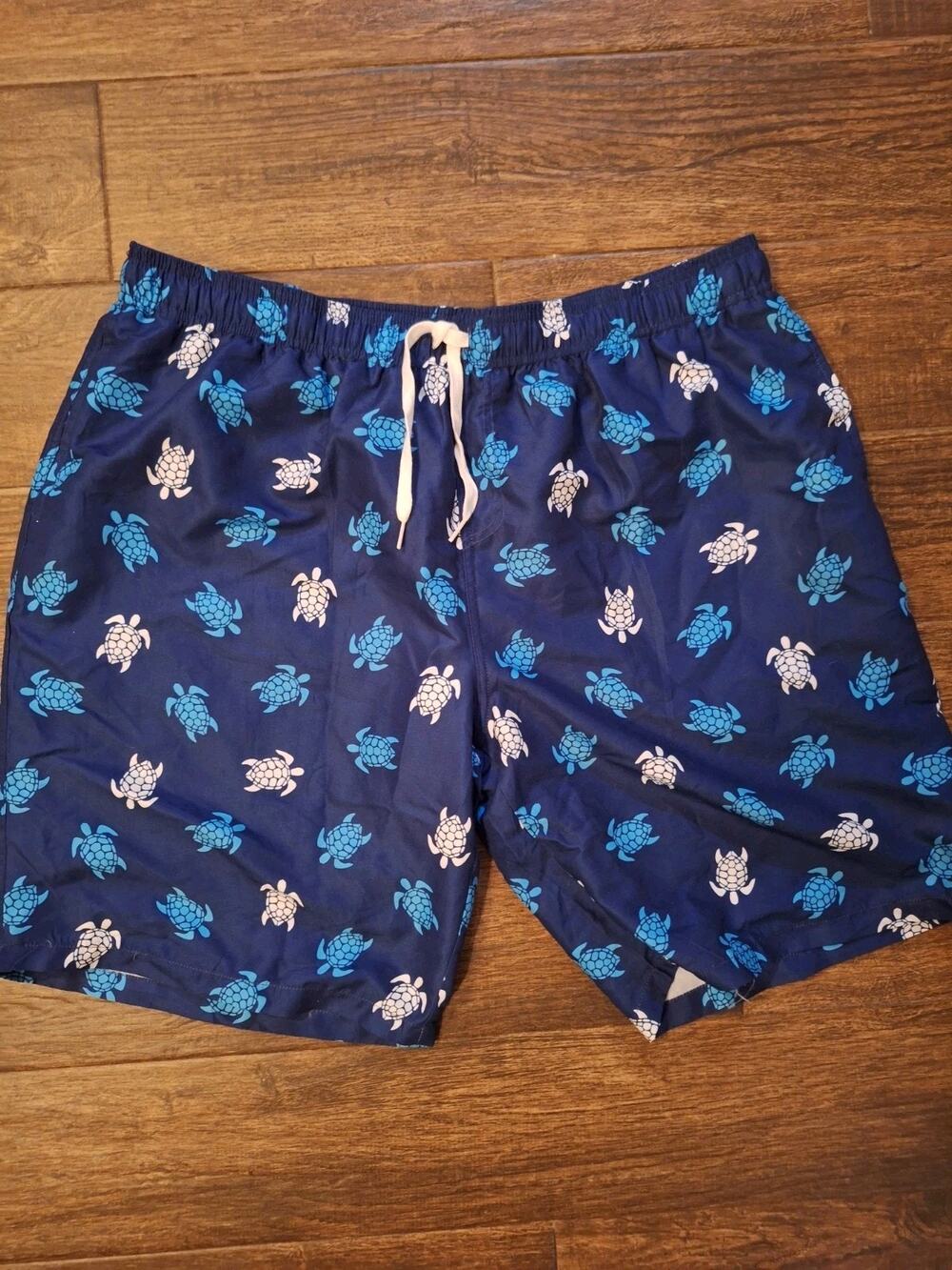 Men's Swim Trunks Size 3XL Sea Turtle Print Blue White Lined